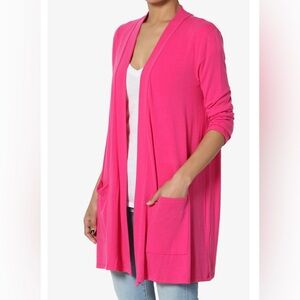 🟠NWT ZENANA Slouchy Pocket 3/4 Sleeve Lightweight Cardigan in Hot Pink
